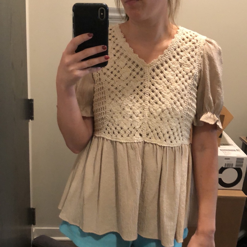 Oatmeal, crochet, short-sleeved blouse